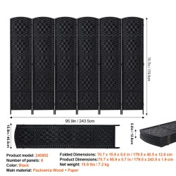 6-paneelinen taitettava tilanjakaja keisaripuurunko käsinkudottu paperirottinki musta