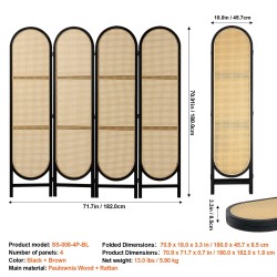 4-paneelinen taittuva huoneenjakaja käsin punottu rottinki paulownia-puurunko musta ruskea