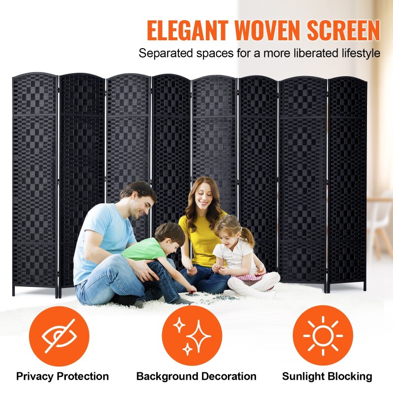 Huoneenjakaja 8 paneelia taitettava paulownia-puinen runko paperirotting-pinta musta