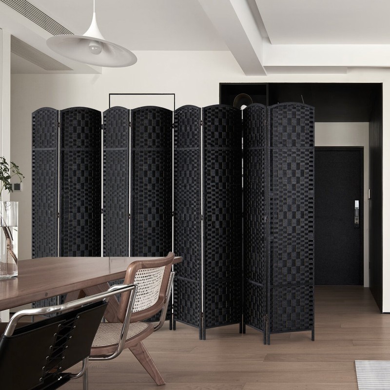 Huoneenjakaja 8 paneelia taitettava paulownia-puinen runko paperirotting-pinta musta