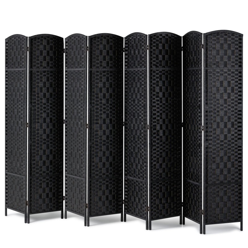 Huoneenjakaja 8 paneelia taitettava paulownia-puinen runko paperirotting-pinta musta