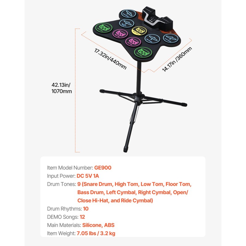 Sähköinen silikoninen rumpusetti 9 rumpualuetta 2 jalkapoljinta ladattava akku