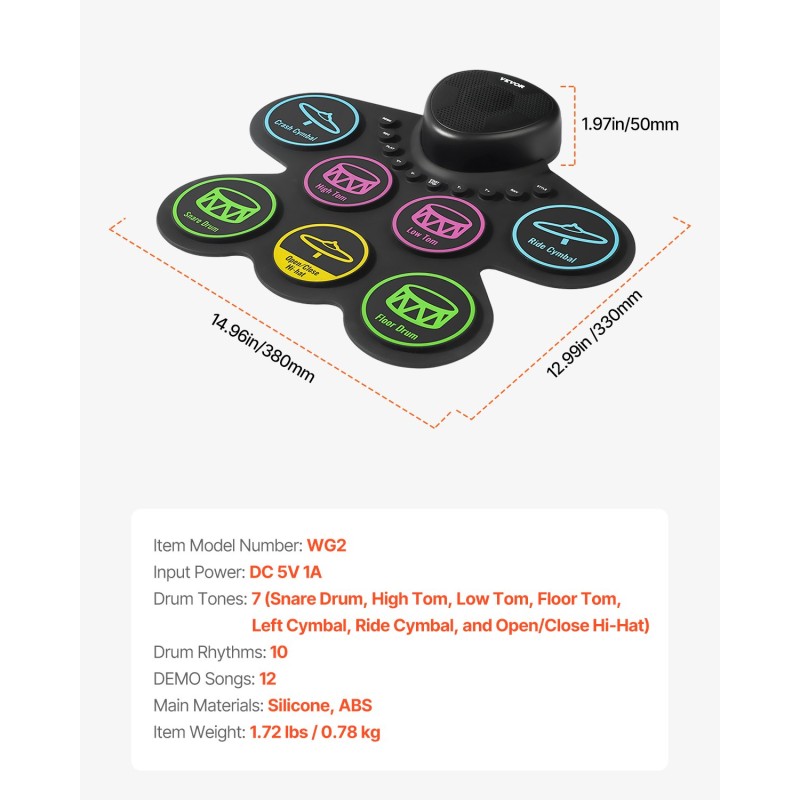 Sähköinen rumpusetti 7 padia 2 jalkapoljinta silikonipintainen ladattavalla akulla