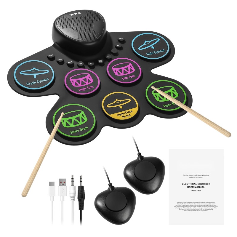 Sähköinen rumpusetti 7 padia 2 jalkapoljinta silikonipintainen ladattavalla akulla