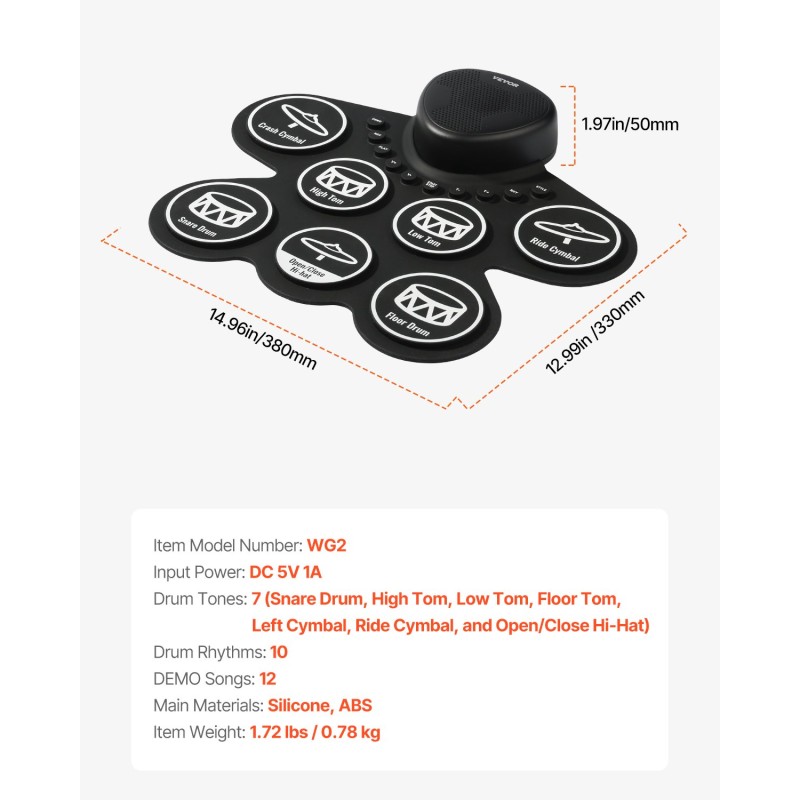 Rullattava sähkörumpumatto seitsemän rumpualuetta silikonipinnat kaksi jalkapedaalia ladattava akku