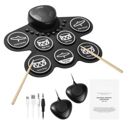 Rullattava sähkörumpumatto seitsemän rumpualuetta silikonipinnat kaksi jalkapedaalia ladattava akku