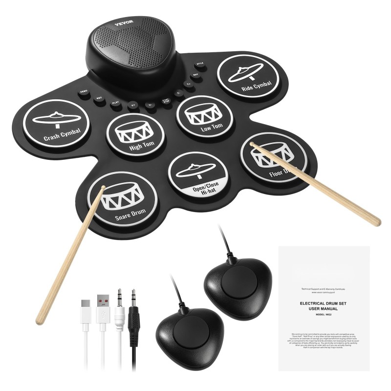 Rullattava sähkörumpumatto seitsemän rumpualuetta silikonipinnat kaksi jalkapedaalia ladattava akku