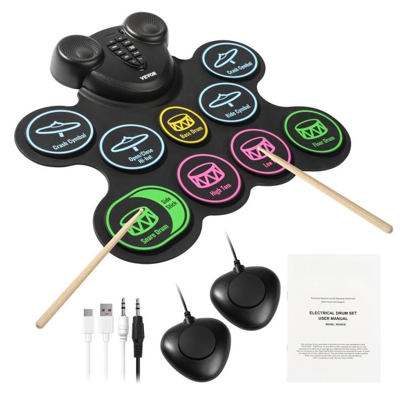 Sähköinen silikonirumpumatto 9-alueinen 2 jalkapoljinta ladattava akku MIDI-liitäntä kuulokeliitäntä