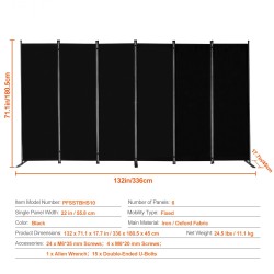 6-paneelinen huoneenjakaja rautarunko Oxford-kangas taitettava musta tilanjakoon
