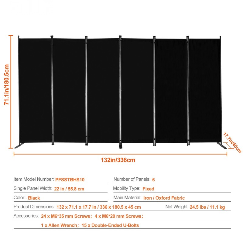 6-paneelinen huoneenjakaja rautarunko Oxford-kangas taitettava musta tilanjakoon