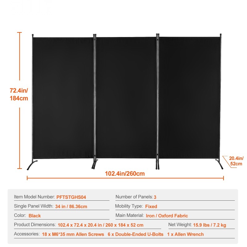 Tilanjakaja 3-paneelinen taitettava rautarunko Oxford-kangas 2600x1840 mm musta