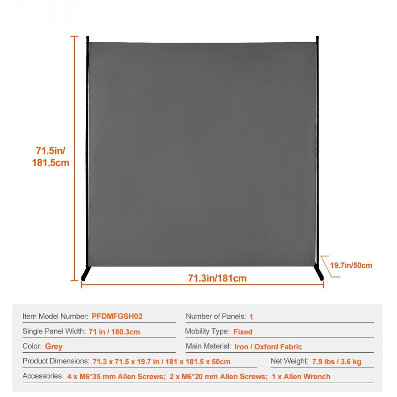 Yhden paneelin huoneenjakaja rautarunko 181 cm korkea harmaa Oxford-kangas