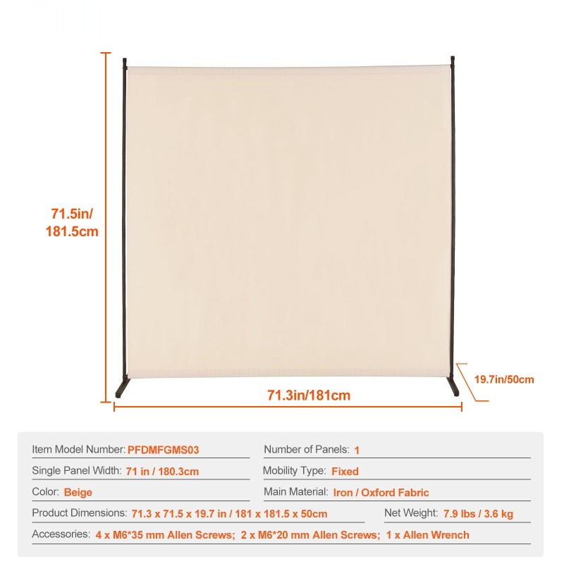 Huoneenjakaja yksipaneelinen vapaasti seisova rautarunko Oxford-kangas 1810x1815x500 mm beige