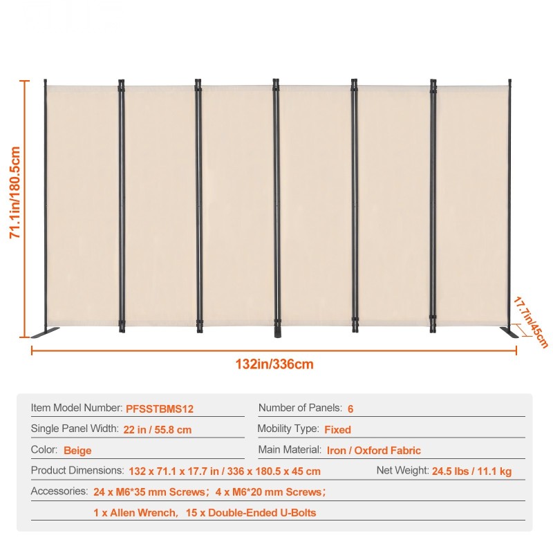 Tilanjakaja 6-paneelinen Oxford-kangas rautarungolla taitettava beige liikuteltava jalustalla