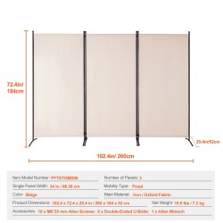 Tilanjakaja rautarunko Oxford-kangas 3 paneelia 2600 x 1840 mm beige