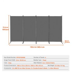 Tilanjakaja nelipaneelinen rautarunko valoa estävä kangas harmaa taitettava