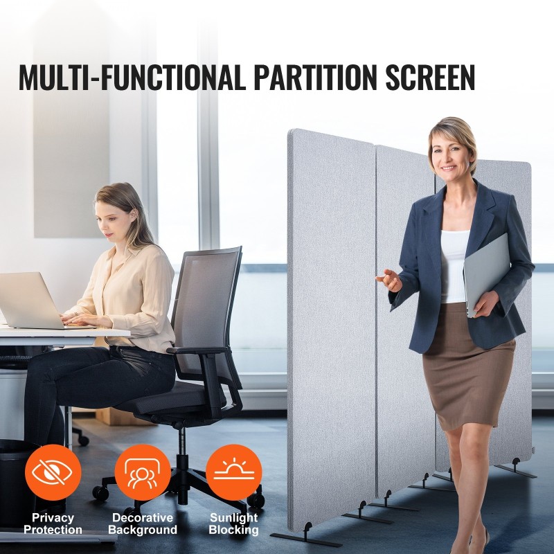 Huoneenjakaja 3-paneelinen PET-äänieristyskangas vaaleanharmaa taittuva 1840 mm