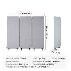 Huoneenjakaja 3-paneelinen PET-äänieristyskangas vaaleanharmaa taittuva 1840 mm