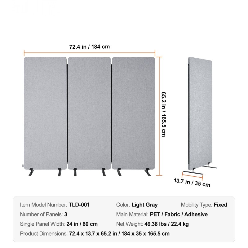Huoneenjakaja 3-paneelinen PET-äänieristyskangas vaaleanharmaa taittuva 1840 mm
