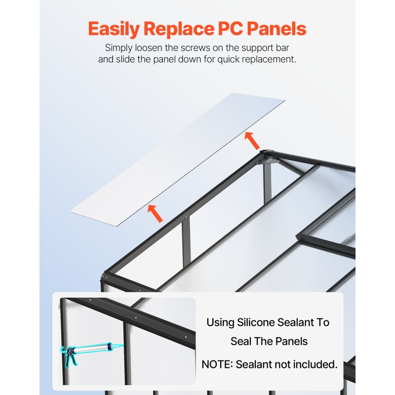 Polykarbonaattikasvihuone alumiinirunkoinen 8 x 10 jalkaa PC-paneelit suuret ovet 2 kattoluukkua