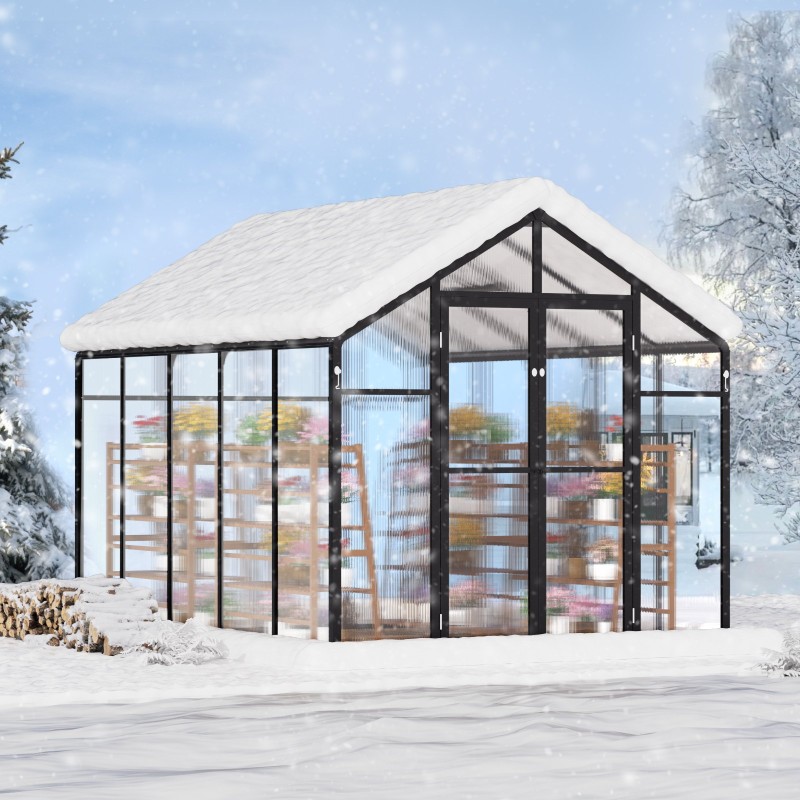Polykarbonaattikasvihuone alumiinirunkoinen 8 x 10 jalkaa PC-paneelit suuret ovet 2 kattoluukkua