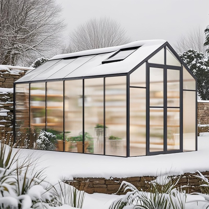 Kasvihuone polykarbonaattinen alumiinirunkoinen 236 x 346 cm avautuva ovi 2 tuuletusikkunaa ulkokäyttöön