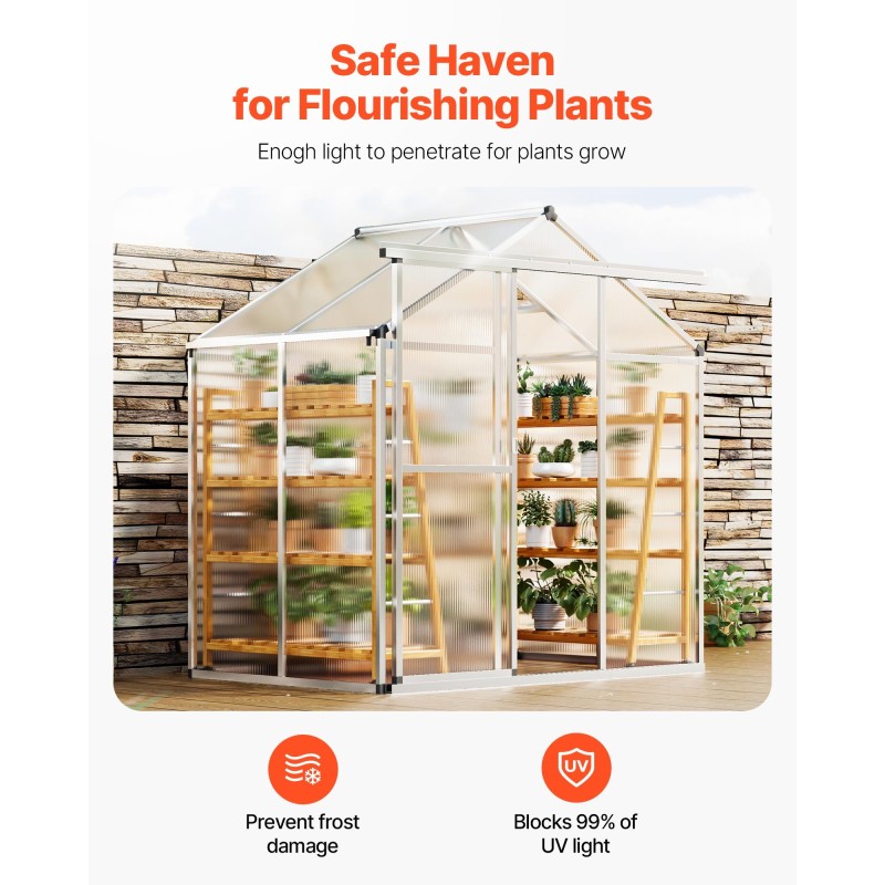 Polykarbonaattikasvihuone alumiinirunkoinen 184 x 126 x 193 cm liukuovella kolmiporttisella kattoluukulla