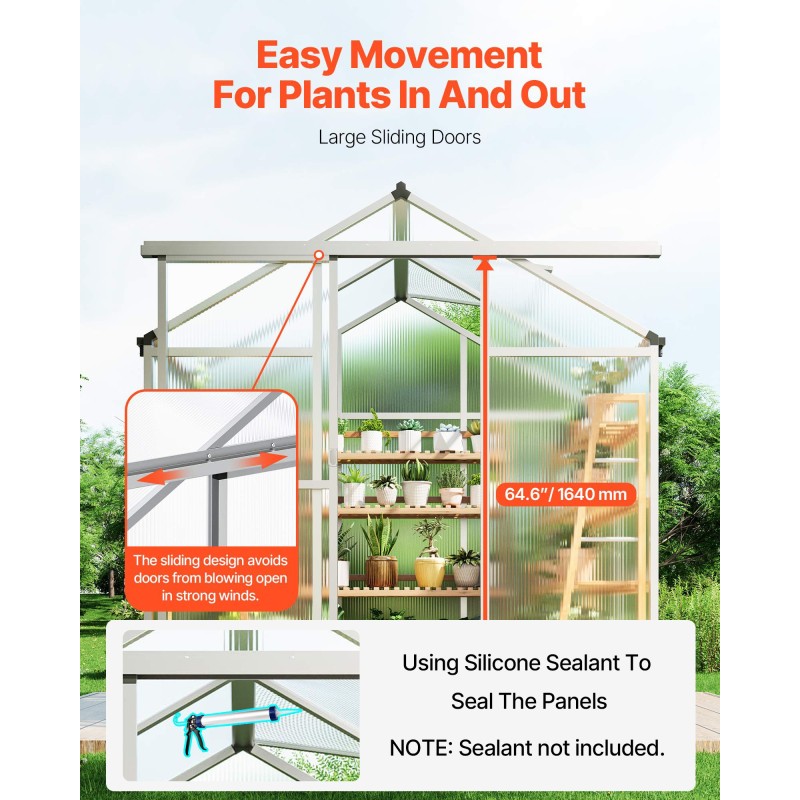Polykarbonaattikasvihuone alumiinirunkoinen 184 x 126 x 193 cm liukuovella kolmiporttisella kattoluukulla