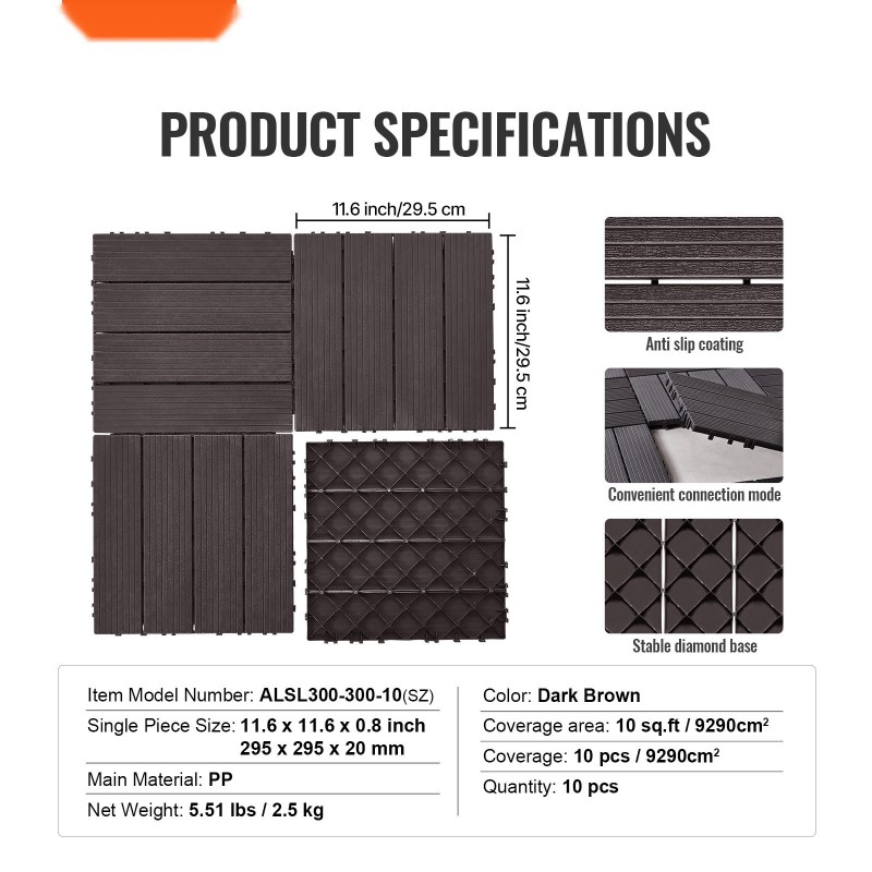Terassilaatat muoviset toisiinsa lukittuvat 300x300 mm 10 kpl tummanruskea ulkokäyttöön