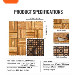 Lukittuvat terassilaatat mäntypintaiset 300 x 300 mm 27 kpl PP-ritiläpohjalla vesitiiviit