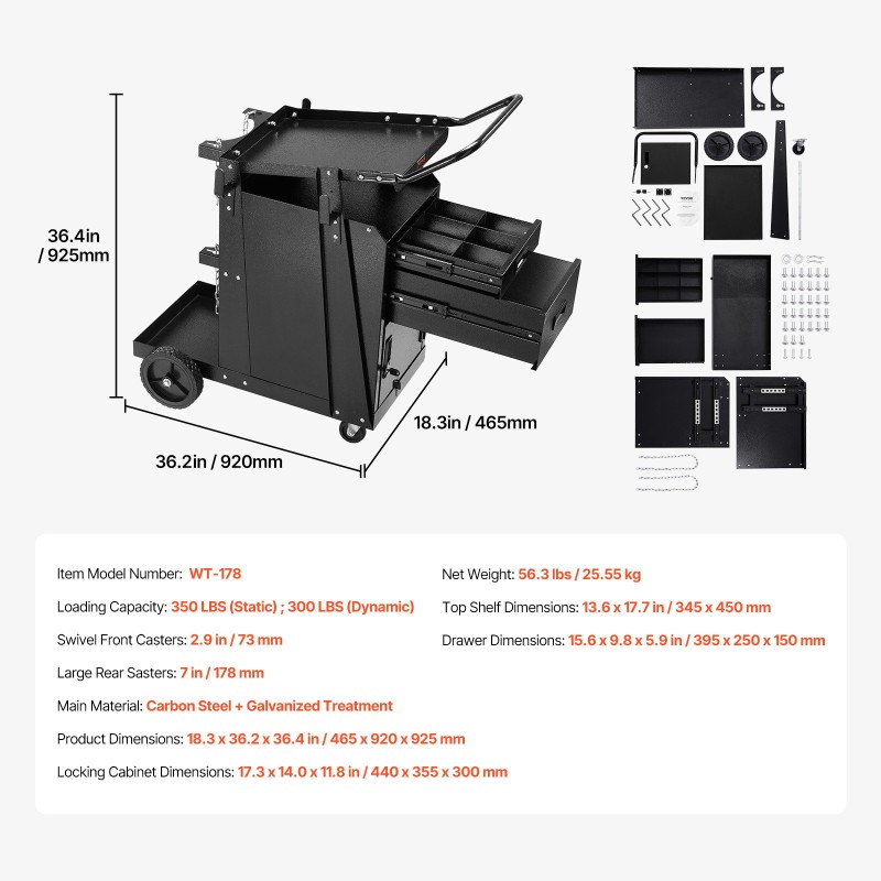 Hitsausvaunu hiiliteräs 350 paunan staattinen kantavuus kaksi laatikkoa lukittava kaappi kääntyvät pyörät
