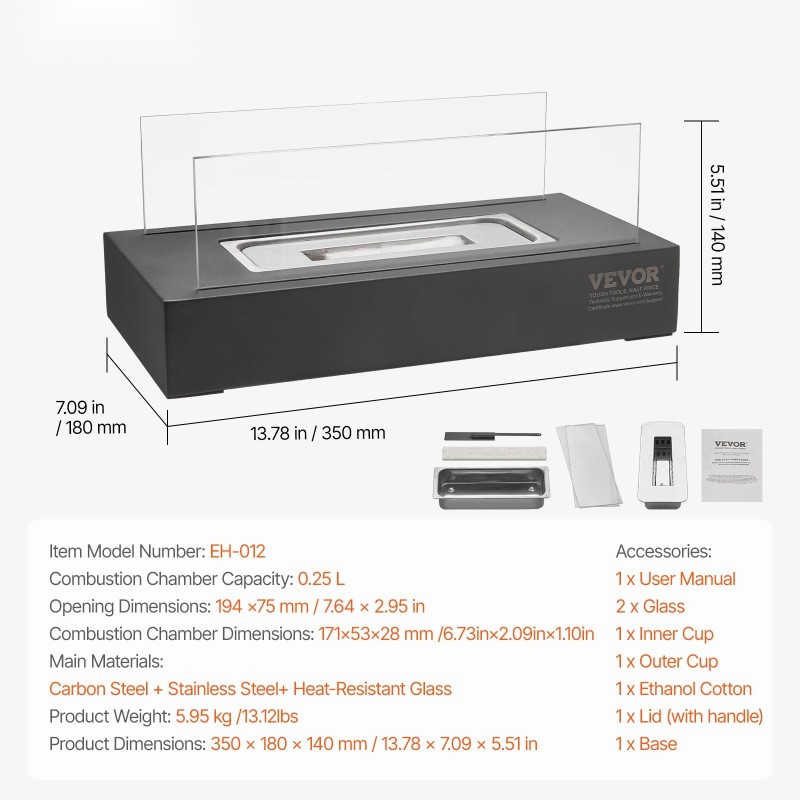 Pöytätakka 14-tuumainen hiiliteräs ruostumaton teräs lasi bioetanoli isopropyylipolttoaine sisä-ulkokäyttö sammutuskansi