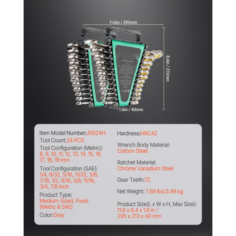 Räikkälenkkiavainsarja 24-osainen kromivanadiiniteräs ja hiiliteräs 8–19 mm tuumakoot 1/4–7/8 säilytystelineellä autokorjauksiin