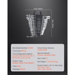 16-osainen metrinen räikkälenkkisarja 8–24 mm kromivanadiiniteräs hiiliteräs kantotelineellä