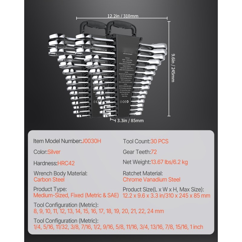 Räikkälenkkiavainsarja 30-osainen metriset 8–24 mm ja SAE 1/4–1 tuumaa