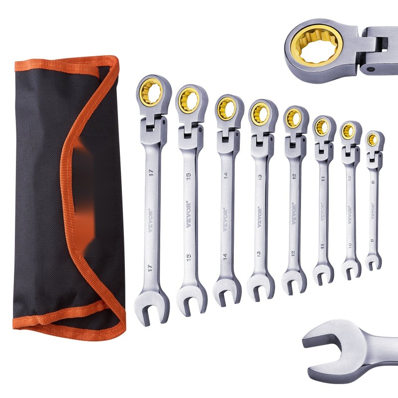 Kiinto- ja lenkkiavainsarja kromivanadiini ja hiiliteräs taivutettavalla räikkäpäällä 8–17 mm rullattava pussi