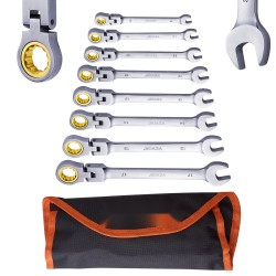 Kiinto- ja lenkkiavainsarja kromivanadiini ja hiiliteräs taivutettavalla räikkäpäällä 8–17 mm rullattava pussi