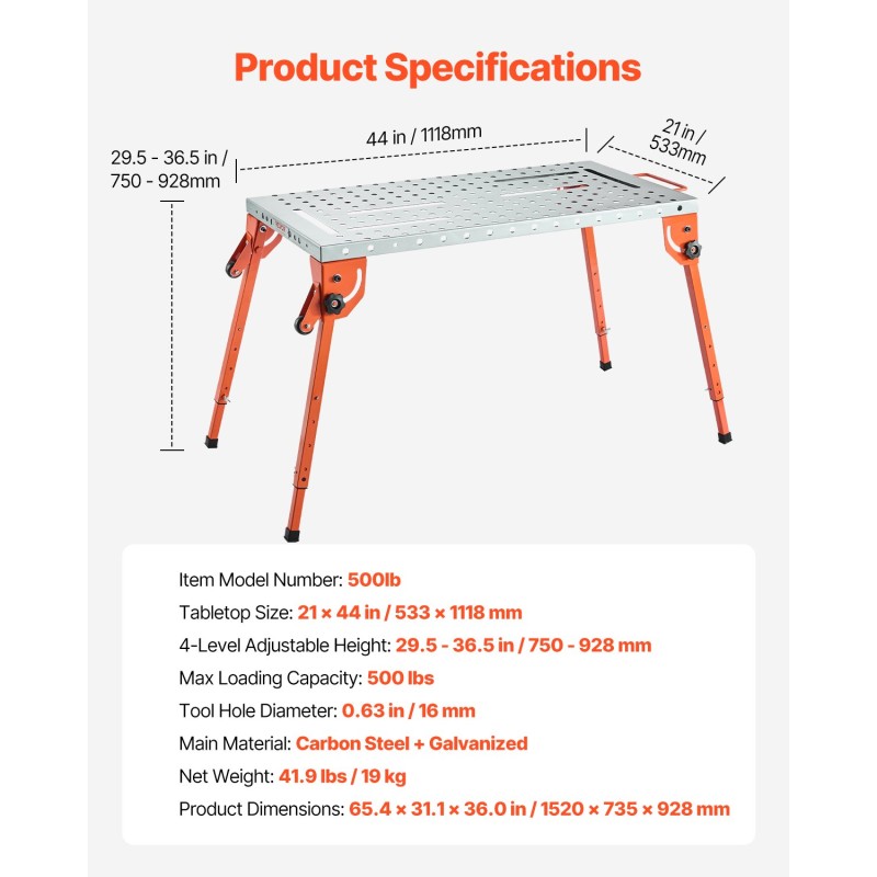 Hitsauspöytä hiiliteräksinen taittuva pöytälevy 533x1118 mm 500 paunan kantavuus
