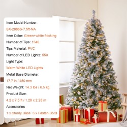 Lumipeitteinen tekokuusi noin 2,28 m 1346 oksankärkeä 550 lämpimänvalkoista LED-valoa metallijalusta