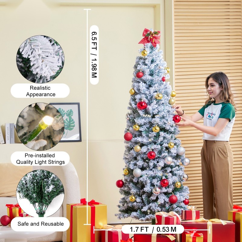 Esivalaistu tekokuusi 1,98 m lumiefektillä 250 lämminsävyistä LED-valoa 814 oksankärkeä metallijalustalla