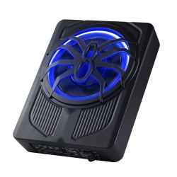 Penkin alle asennettava 10 tuuman matalarunkoinen subwoofer sisäänrakennetulla vahvistimella sinisellä tunnelmavalolla autoihin