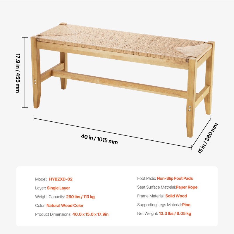 Rottinkipenkki käsinkudottu paperinaruistuin täyspuinen runko mäntyjalat 101,5 cm eteiseen