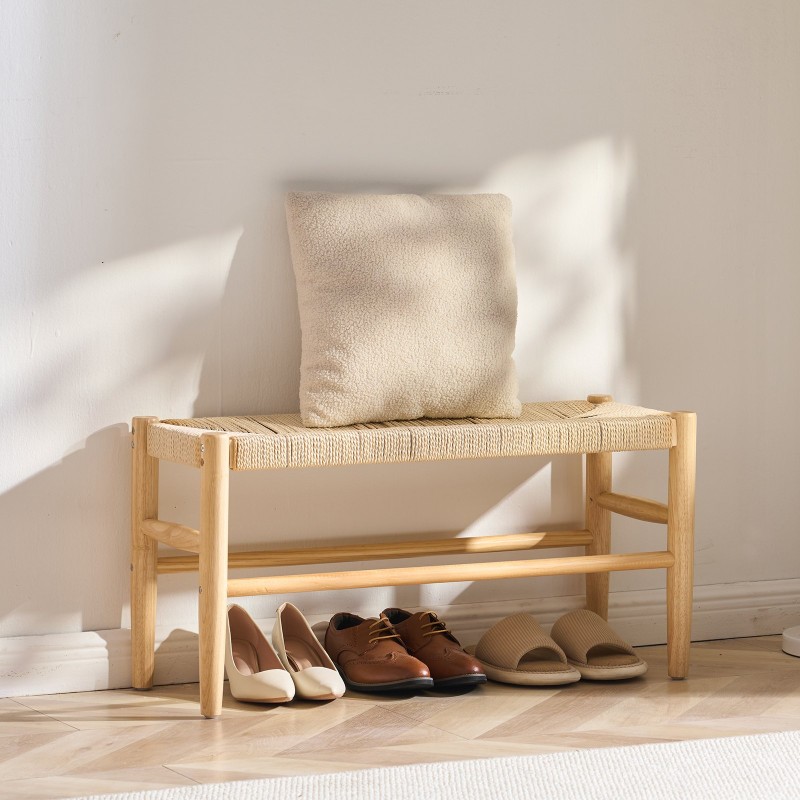 Käsin punottu rottinkipenkki paperinaruistuin teräsrunko tammijalat kahdelle aikuiselle