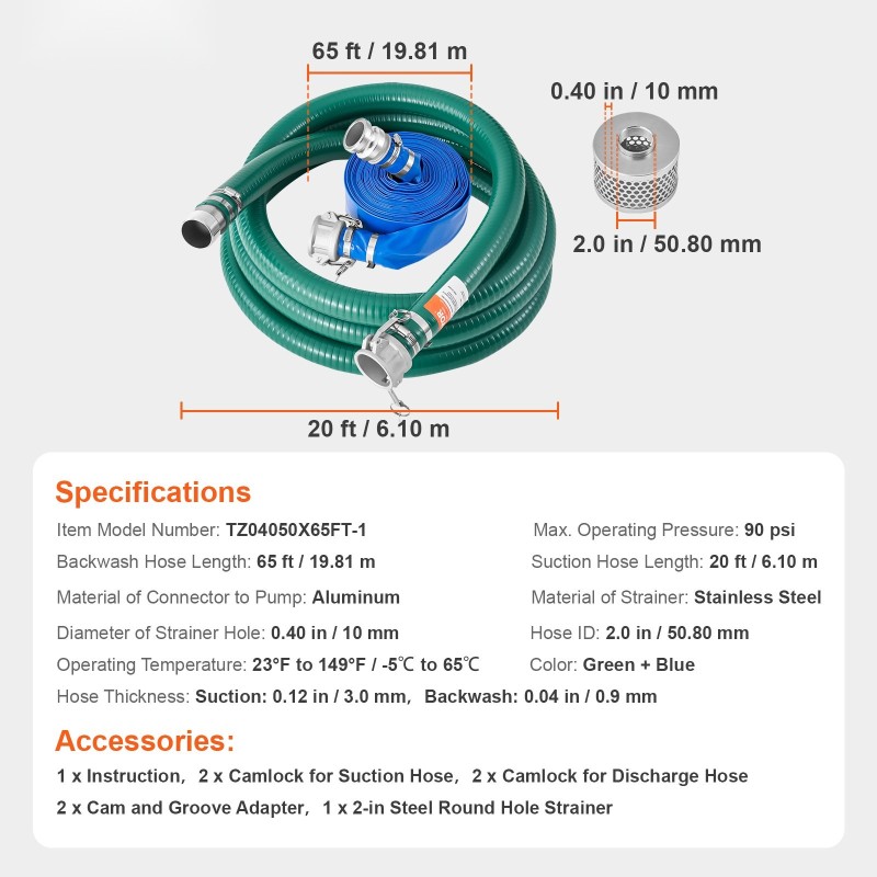 Imuletkusetti 50 mm imuletku 6,1 m huuhteluletku 19,8 m ruostumaton terässihti vesipumpulle