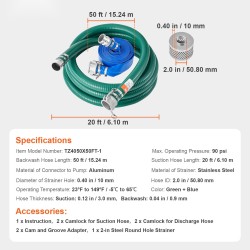 Imuletkusarja 2 tuuman vesipumpulle 6,1m imu 15,2m huuhtelu alumiiniset camlock-liittimet ruostumattomalla siivilällä