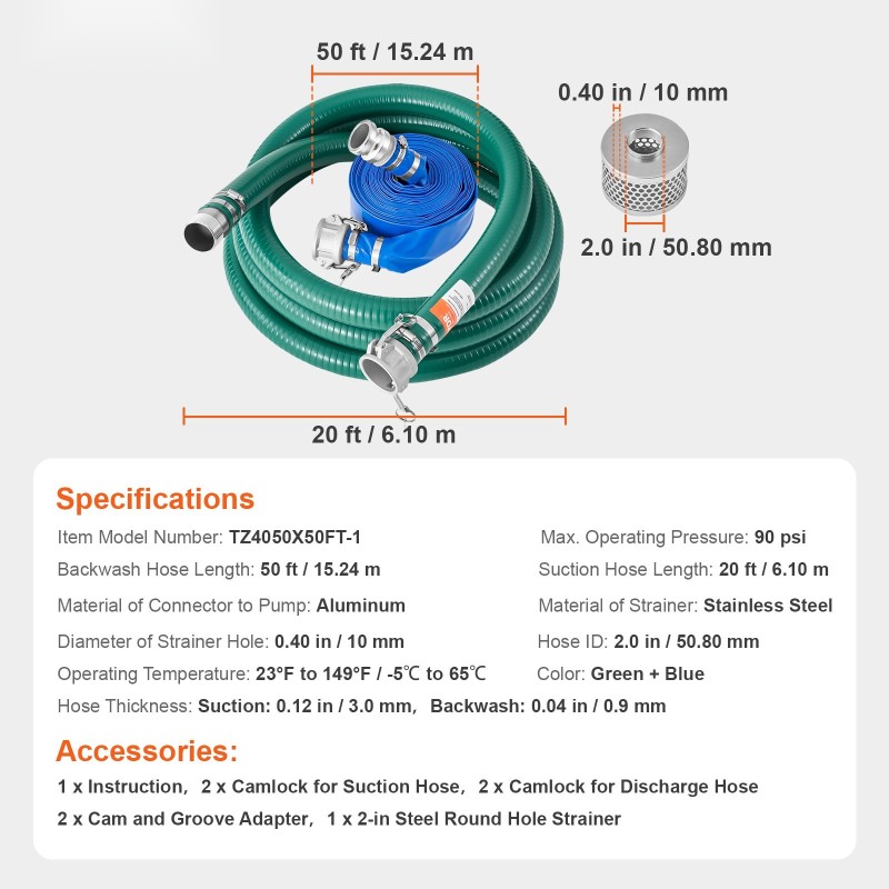 Imuletkusarja 2 tuuman vesipumpulle 6,1m imu 15,2m huuhtelu alumiiniset camlock-liittimet ruostumattomalla siivilällä