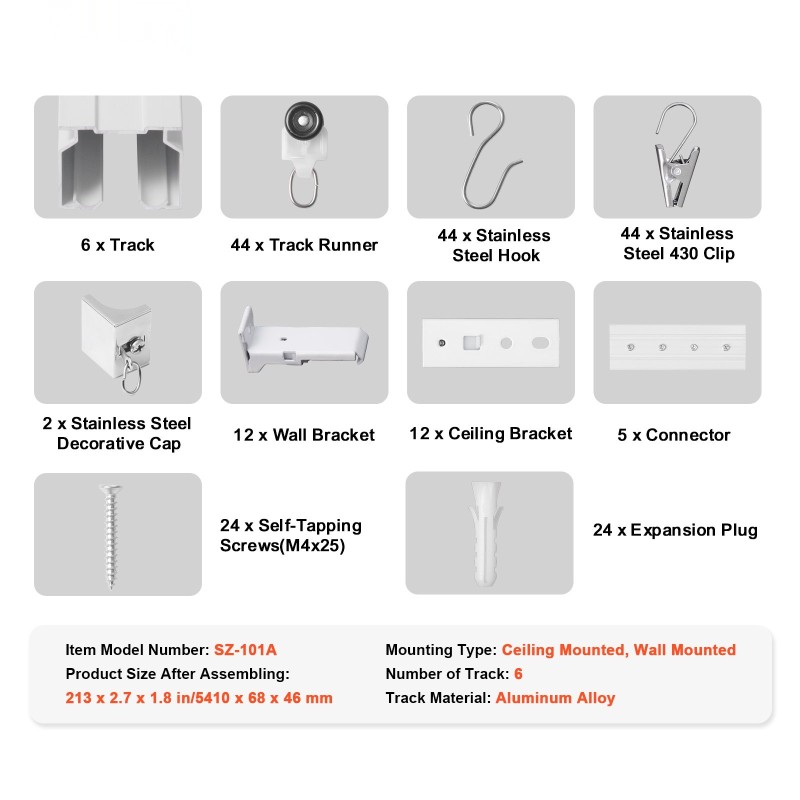 Verhokiskosarja alumiiniseos 5,4 metriä 6 kiskoa kattokiinnitys ja seinäkiinnitys valkoinen