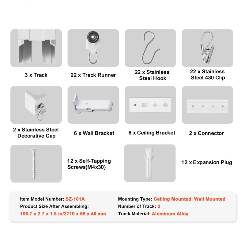 Verhokisko 2,7 m alumiiniseos 3 kiskoa kattokiinnitys seinäkiinnitys sisältää koukut ja kiinnitystarvikkeet