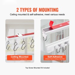 Kattokiinnitteinen muovinen kolmen metrin verhokiskosarja itsekiinnittyvä valkoinen kahdeksanosainen verhoille