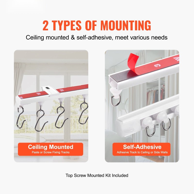 Kattokiinnitteinen muovinen kolmen metrin verhokiskosarja itsekiinnittyvä valkoinen kahdeksanosainen verhoille